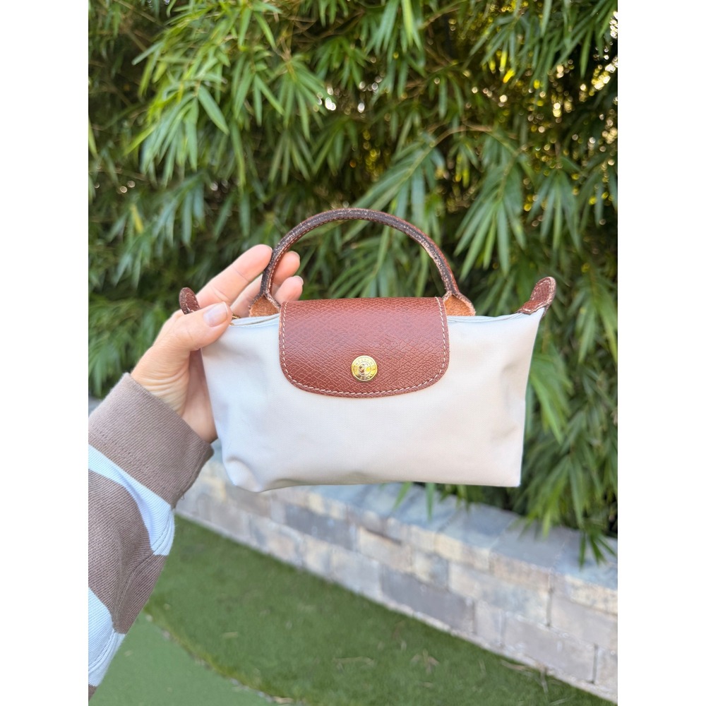 Longchamp Le Pliage Mini Nylon Top Handle Bag Cream Brown Leather Trim